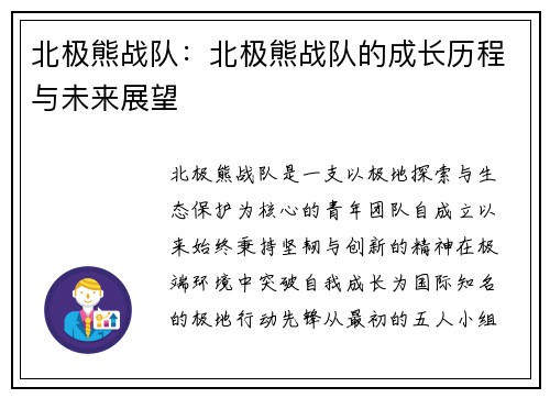 北极熊战队：北极熊战队的成长历程与未来展望
