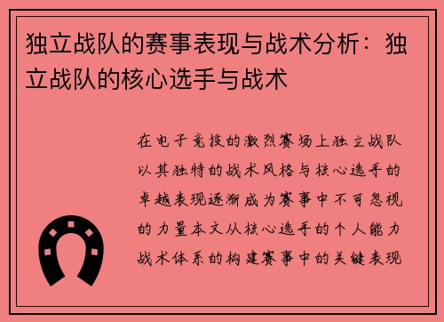 独立战队的赛事表现与战术分析：独立战队的核心选手与战术