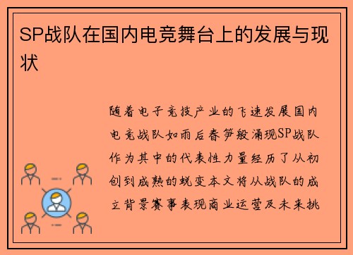 SP战队在国内电竞舞台上的发展与现状