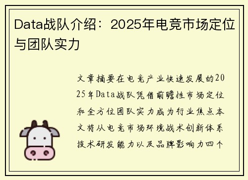Data战队介绍：2025年电竞市场定位与团队实力
