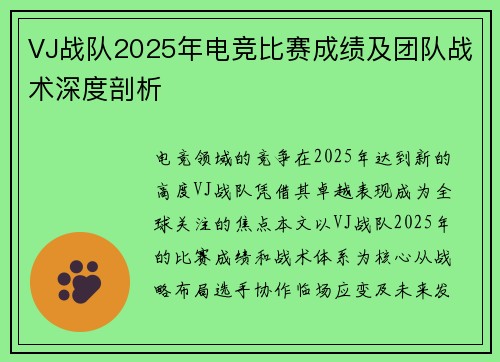 VJ战队2025年电竞比赛成绩及团队战术深度剖析
